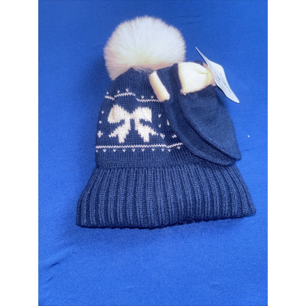Addie & Tate Girls Blue Pink 9-18months Winter Mitten & Hat Set Pink Pom Pom New
